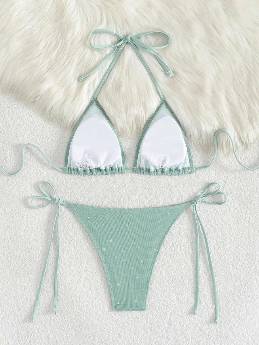 Shiny Sparkling Halter Strappy Bikini 2025 High Cut Bikinis Female Swimsuit Women Swimwear Two-pieces Bikini Set Bathing Suit