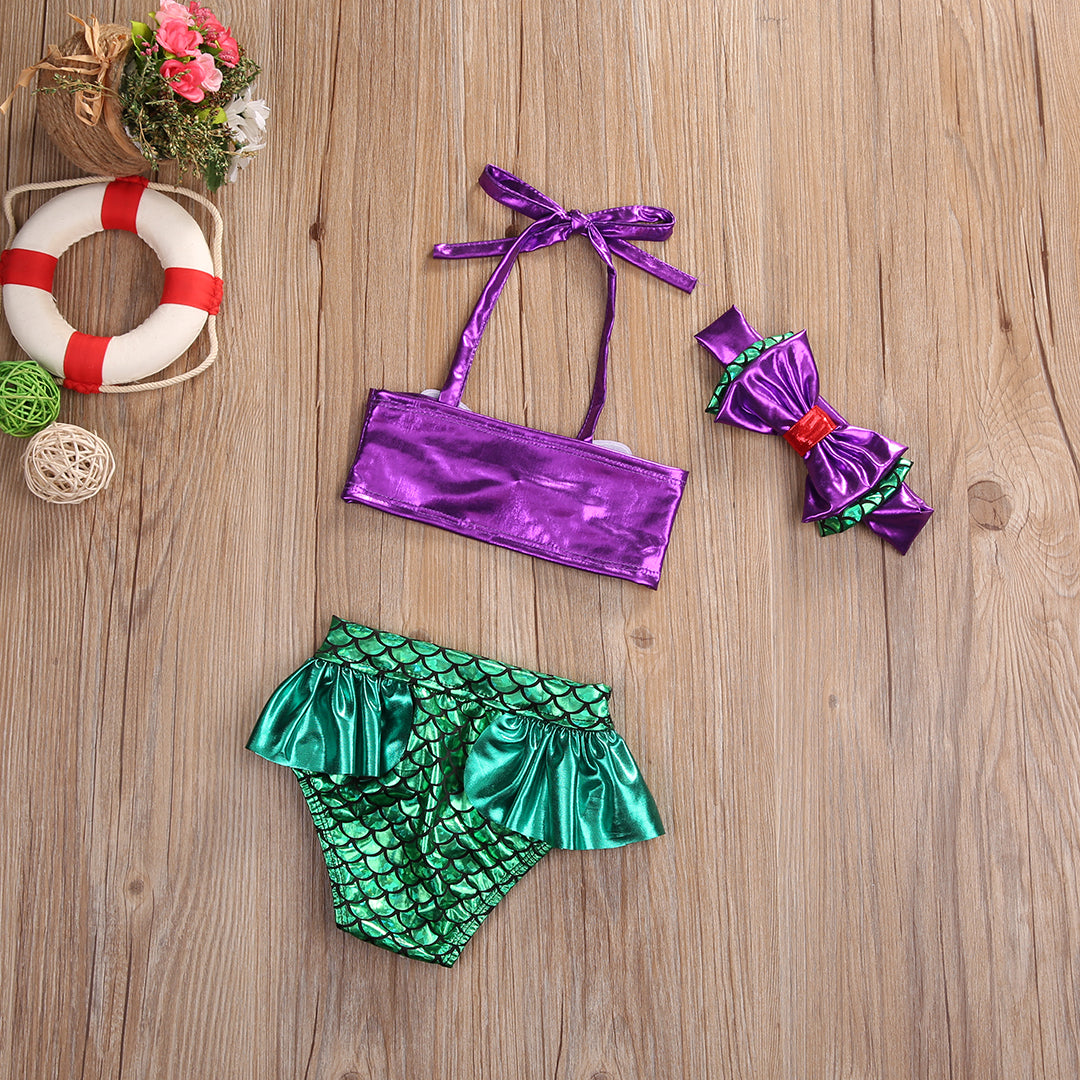 Tregren Toddler Kids Girl Mermaid Bikinis Set Summer Beachwear Halter Top Swimwear Swimming Pool Bathing Suit with Headband