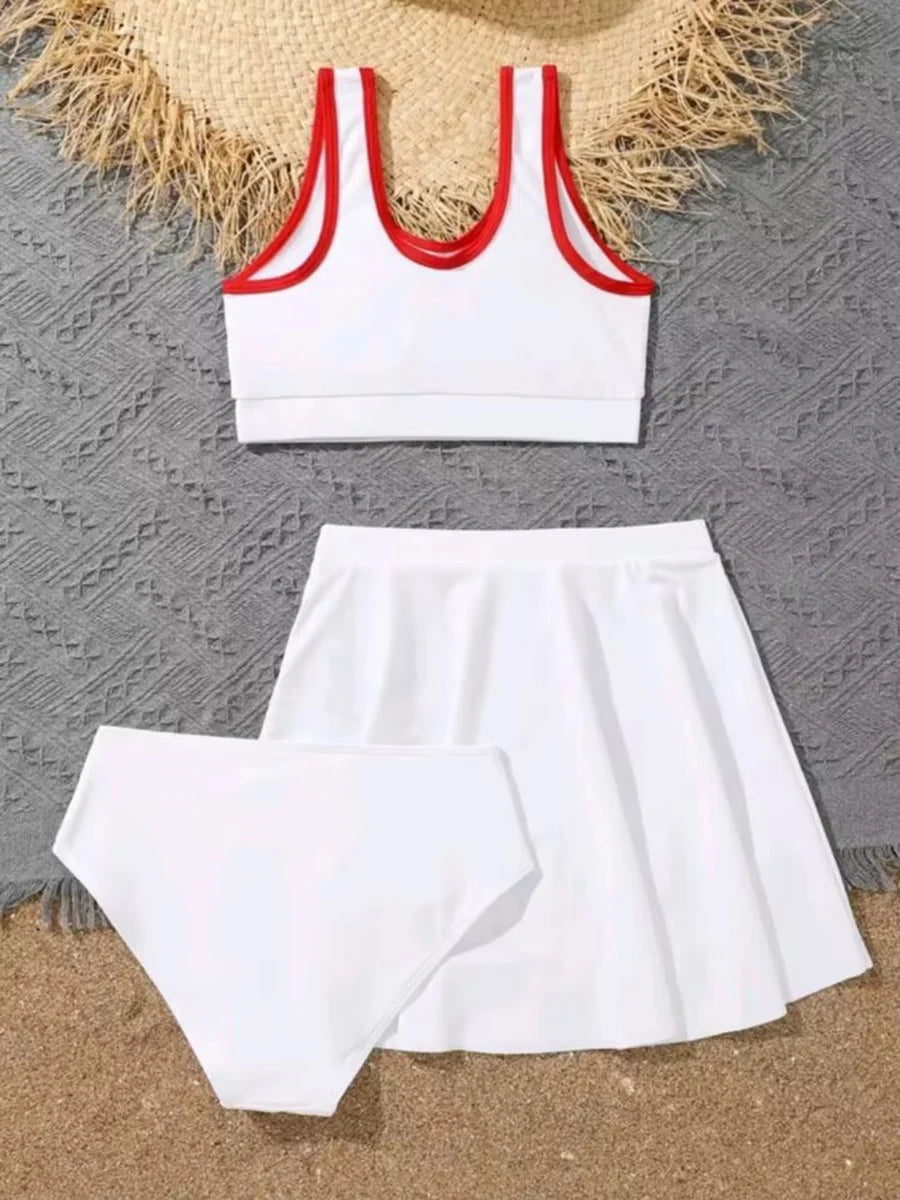 3 Pieces Bikinis With Skirt 2025 Girls Swimsuit Red Kids Swimwear Female Children's Bathers Bathing Swimming Swim Suit Beachwear
