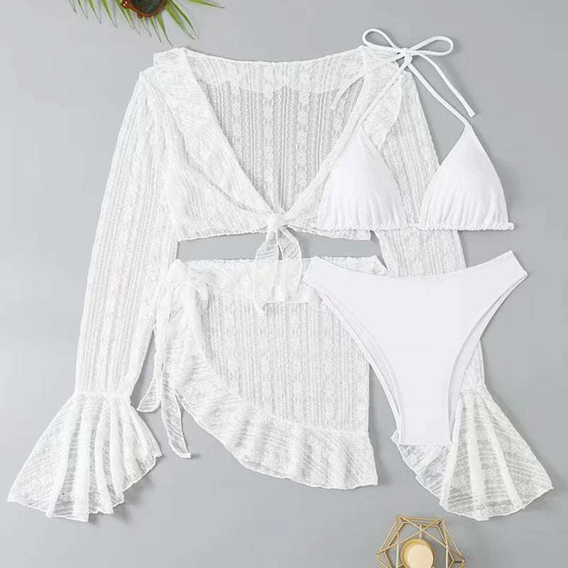 2025 Sexy Four-piece Women Swimsuit Long-sleeve Cover-up Swimwear Summer Solid Bikini Set Brazilian Beachwear Party bathing suit
