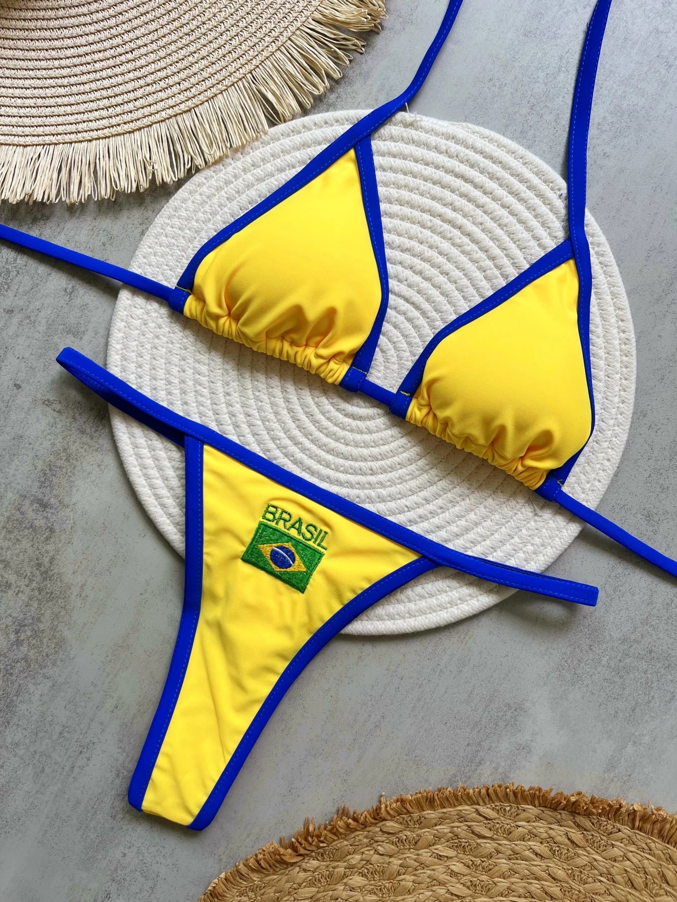 Sexy Embroidery Brasil Flag Contrast Split Bikini Set Women Swimwear Patchwork Swimsuit Hottie Outfit SummerBeachwear