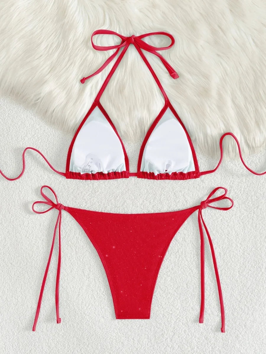 Shiny Sparkling Halter Strappy Bikini 2025 High Cut Bikinis Female Swimsuit Women Swimwear Two-pieces Bikini Set Bathing Suit