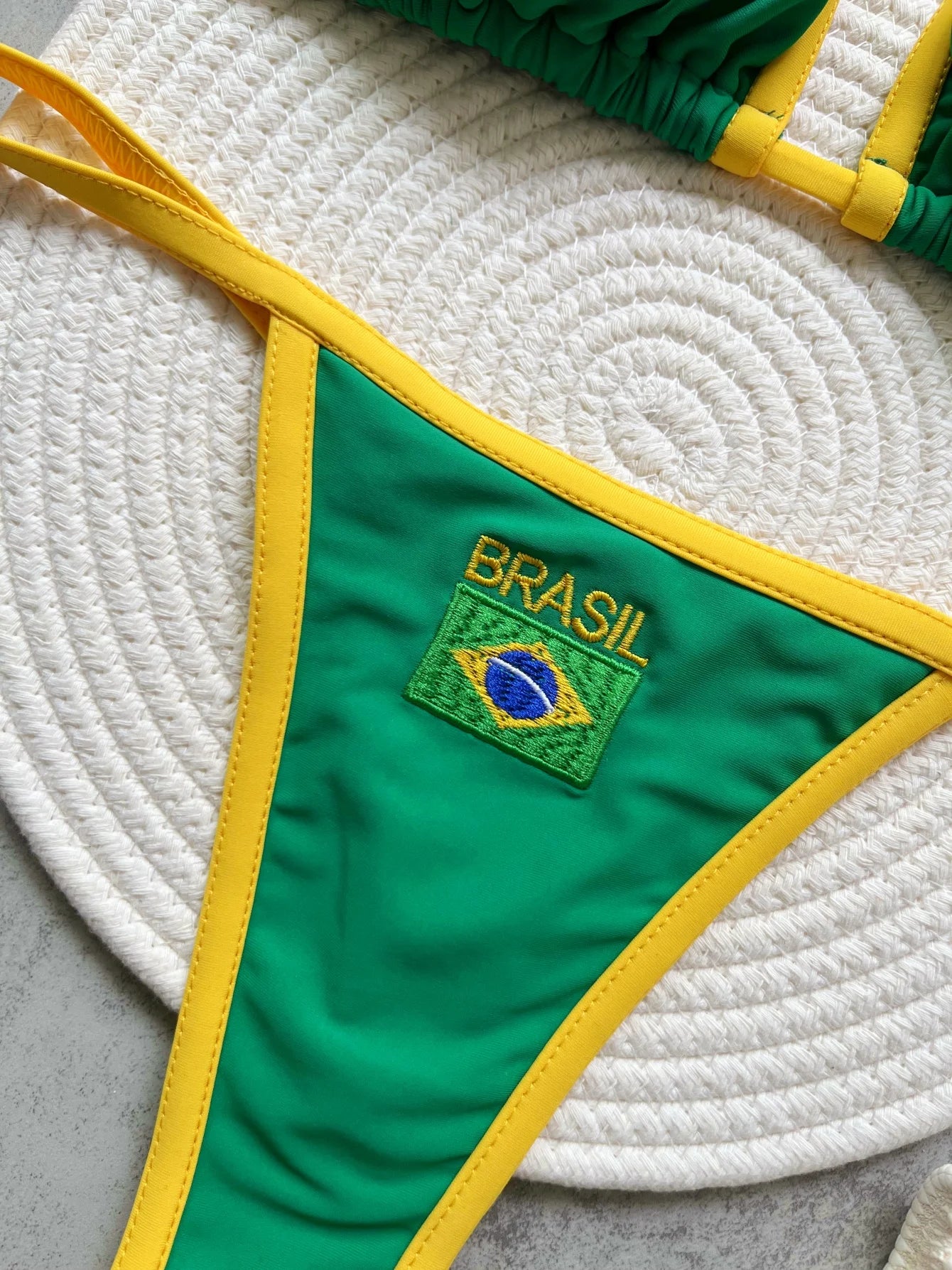 Sexy Embroidery Brasil Flag Contrast Split Bikini Set Women Swimwear Patchwork Swimsuit Hottie Outfit SummerBeachwear
