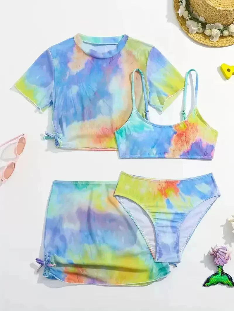 4 Pieces Bikinis Set Top & Skirt 2025 Girls Swimsuit Kids Swimwear Female Children Bathers Bathing Swimming Swim Suit Beachwear