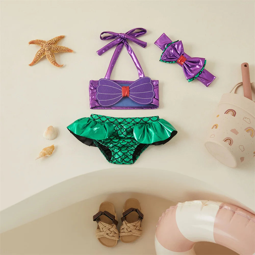 Tregren Toddler Kids Girl Mermaid Bikinis Set Summer Beachwear Halter Top Swimwear Swimming Pool Bathing Suit with Headband