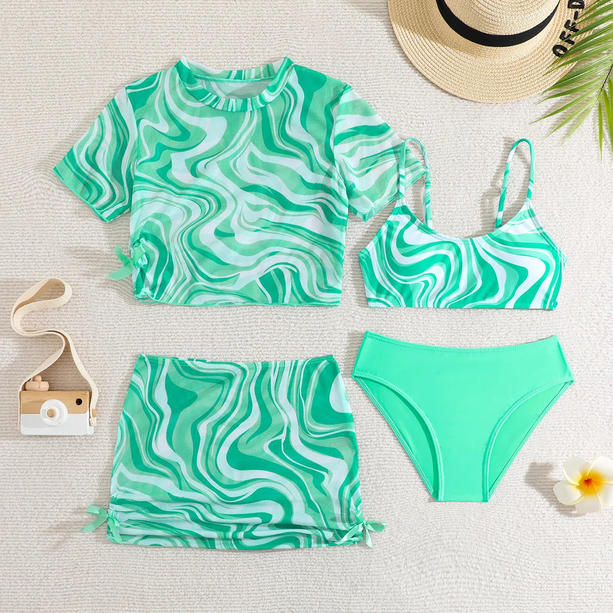 4 Pieces Bikinis Set Top & Skirt 2025 Girls Swimsuit Kids Swimwear Female Children Bathers Bathing Swimming Swim Suit Beachwear