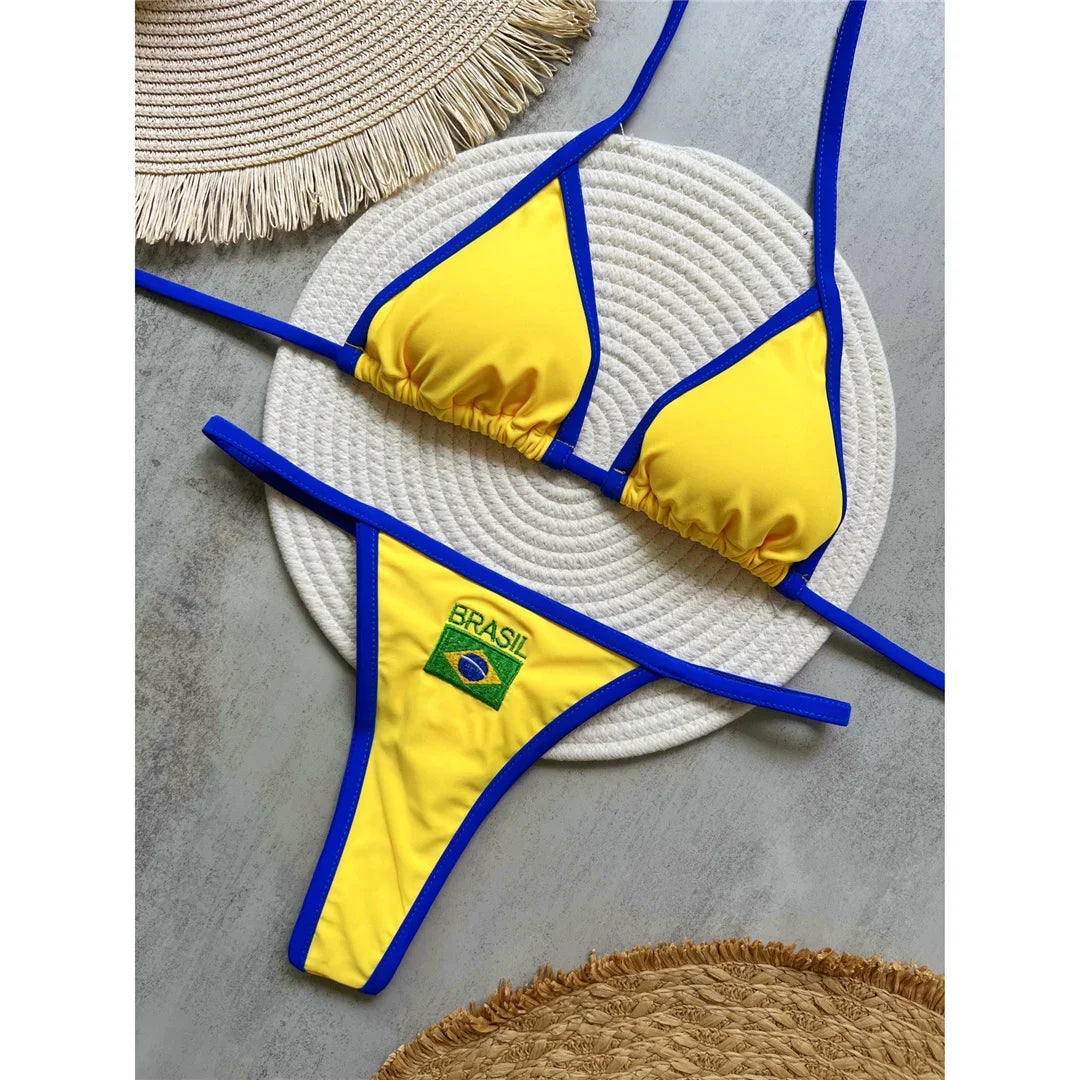 G-string Thong Brazilian Bikini Women Swimwear Female Swimsuit Two-pieces Bikini set Bather Brasil Flag Bathing Suit V6092