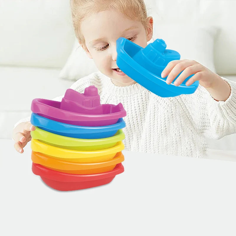 Stacking Cup Bath Toys for Kids Colorful Folding Boat Shape Tower Early Educational Baby Toys Swimming Pool Beach Toys Gifts