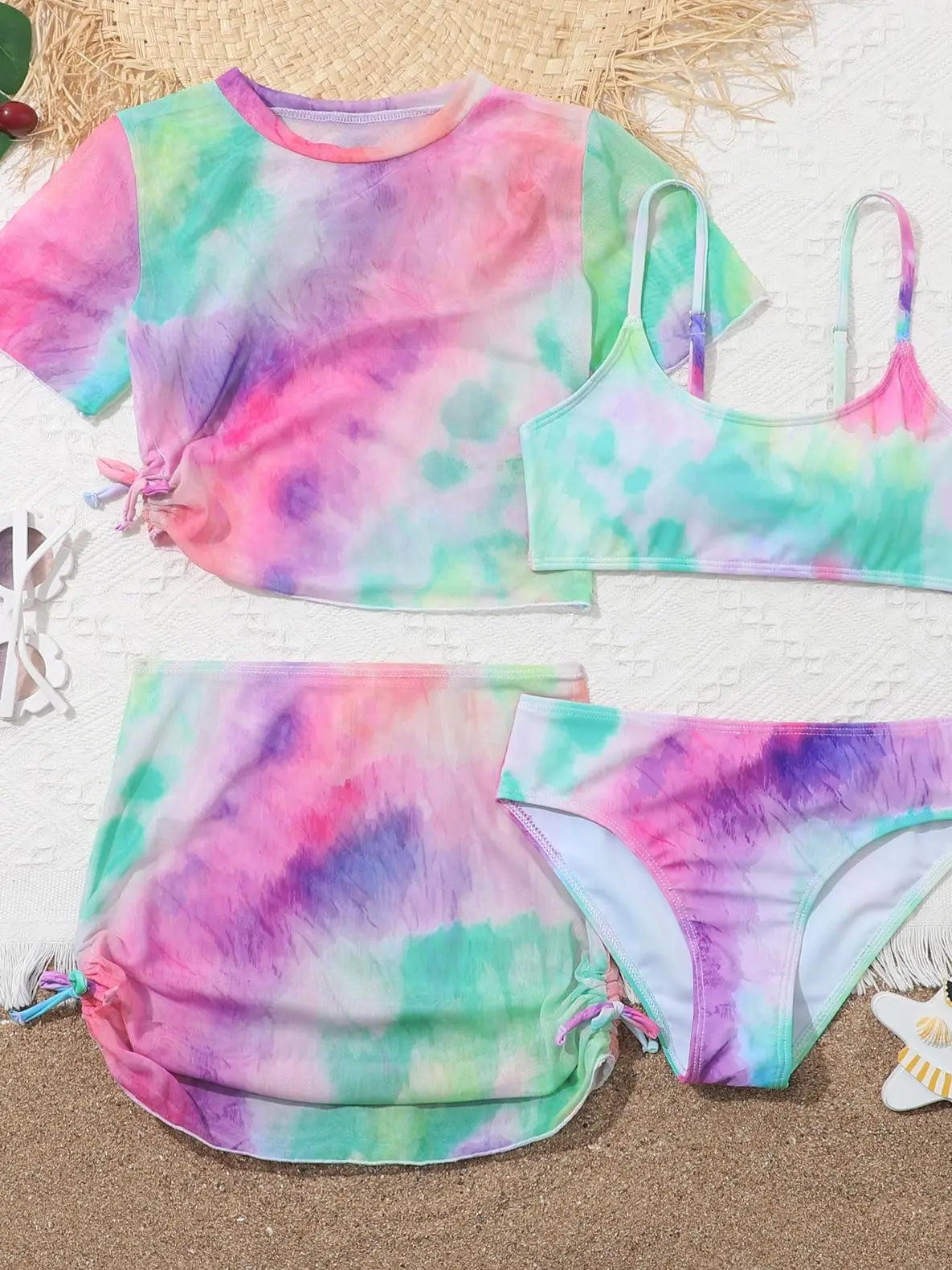 4 Pieces Bikinis Set Top & Skirt 2025 Girls Swimsuit Kids Swimwear Female Children Bathers Bathing Swimming Swim Suit Beachwear