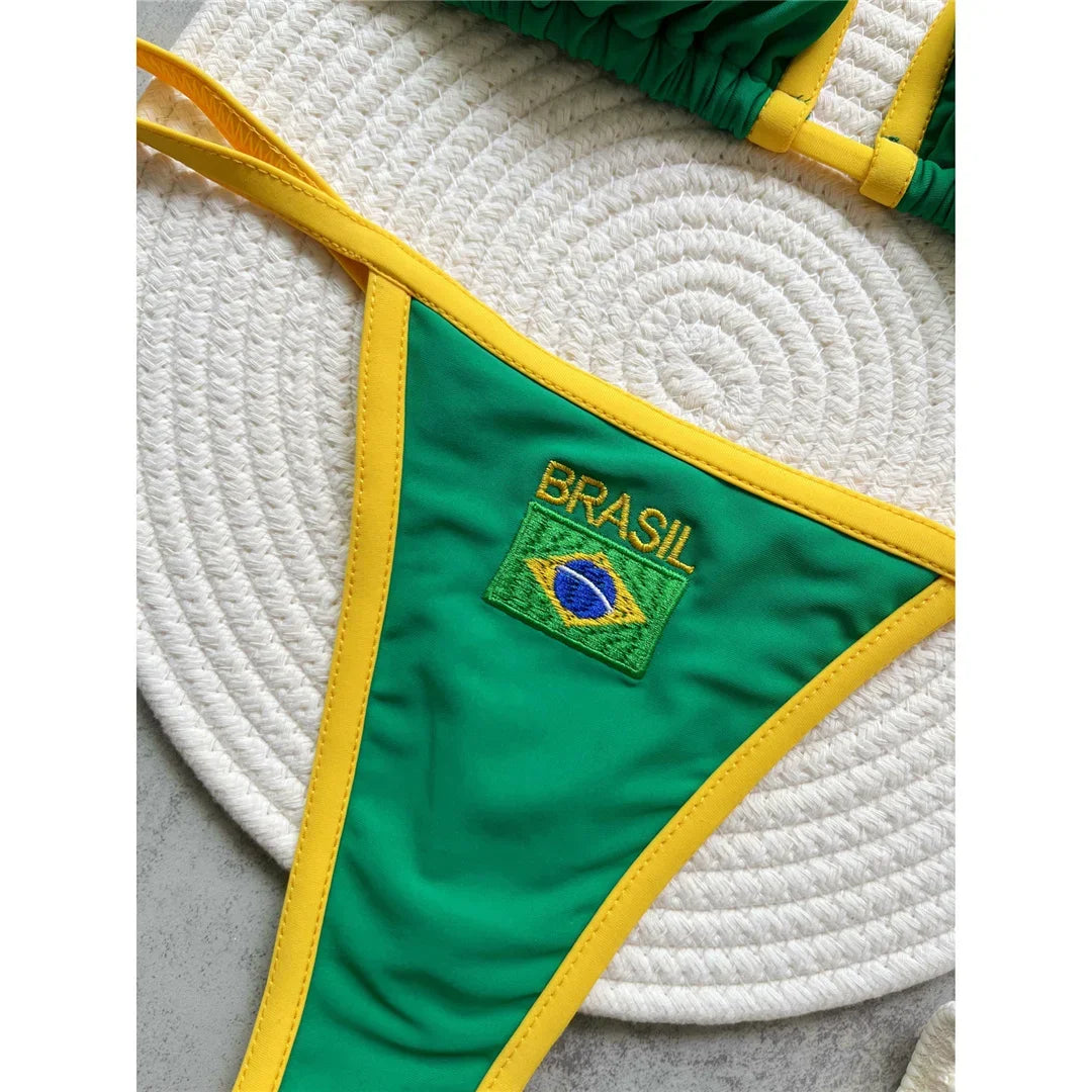 G-string Thong Brazilian Bikini Women Swimwear Female Swimsuit Two-pieces Bikini set Bather Brasil Flag Bathing Suit V6092