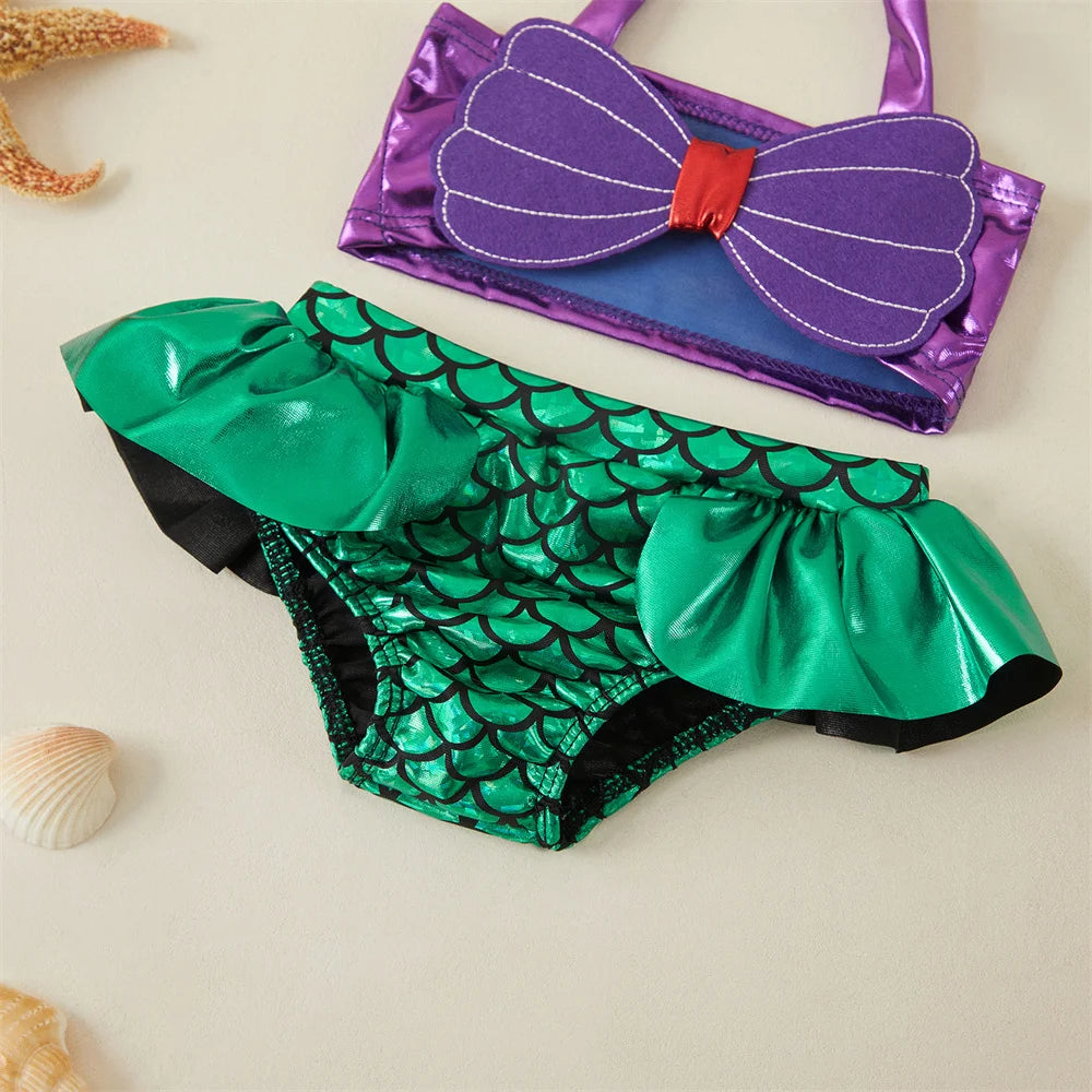 Tregren Toddler Kids Girl Mermaid Bikinis Set Summer Beachwear Halter Top Swimwear Swimming Pool Bathing Suit with Headband