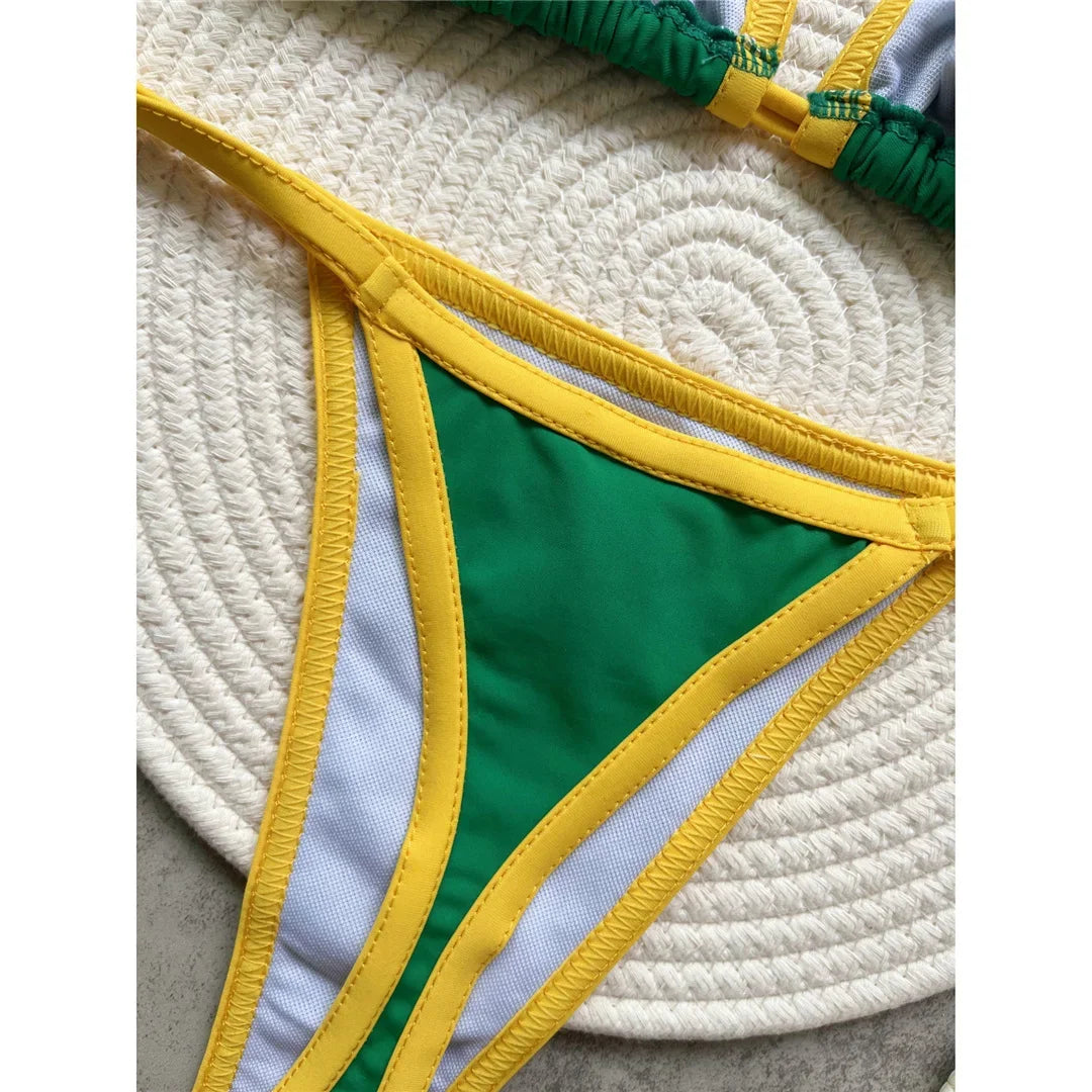 G-string Thong Brazilian Bikini Women Swimwear Female Swimsuit Two-pieces Bikini set Bather Brasil Flag Bathing Suit V6092