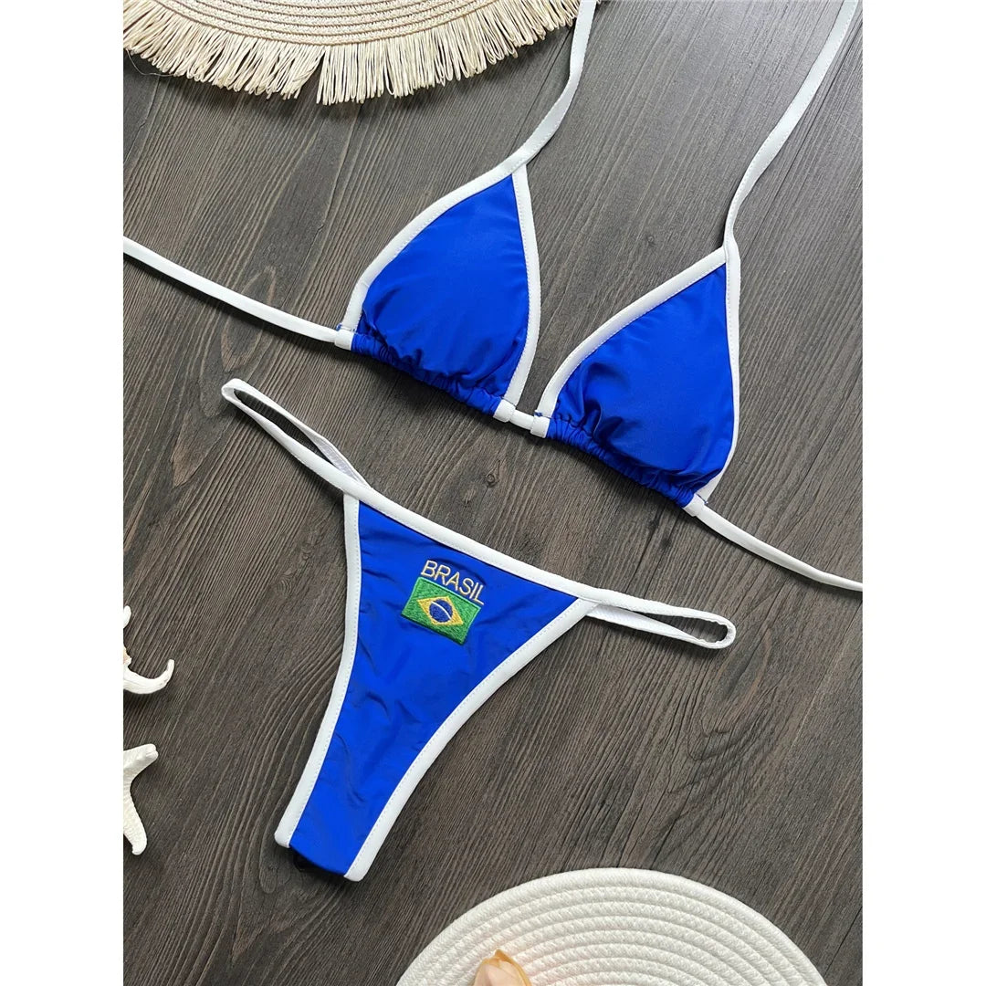 G-string Thong Brazilian Bikini Women Swimwear Female Swimsuit Two-pieces Bikini set Bather Brasil Flag Bathing Suit V6092
