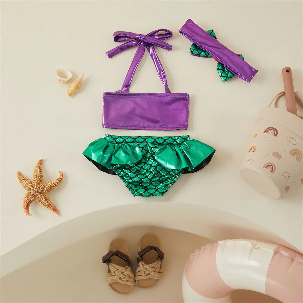 Tregren Toddler Kids Girl Mermaid Bikinis Set Summer Beachwear Halter Top Swimwear Swimming Pool Bathing Suit with Headband