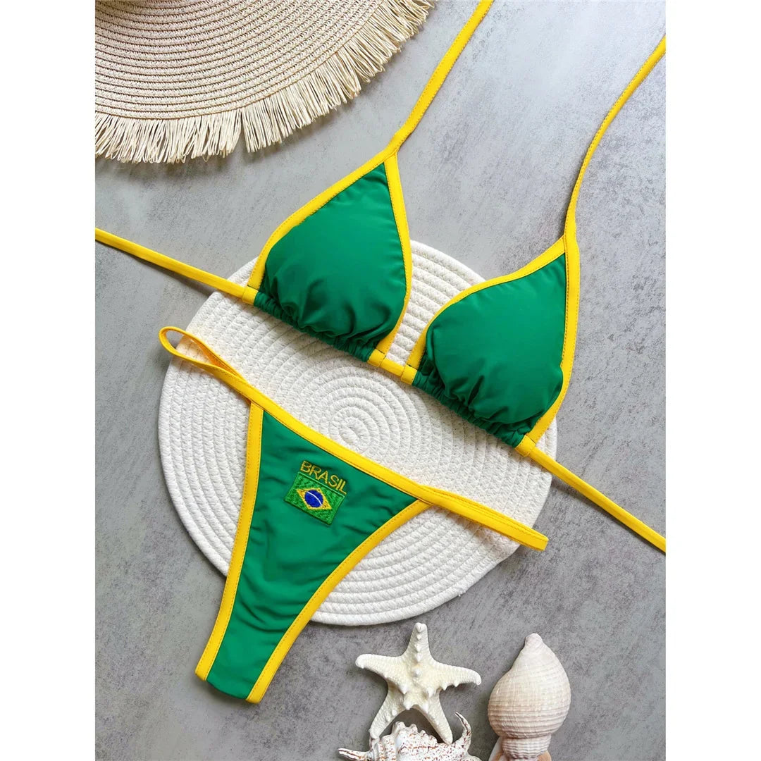 G-string Thong Brazilian Bikini Women Swimwear Female Swimsuit Two-pieces Bikini set Bather Brasil Flag Bathing Suit V6092
