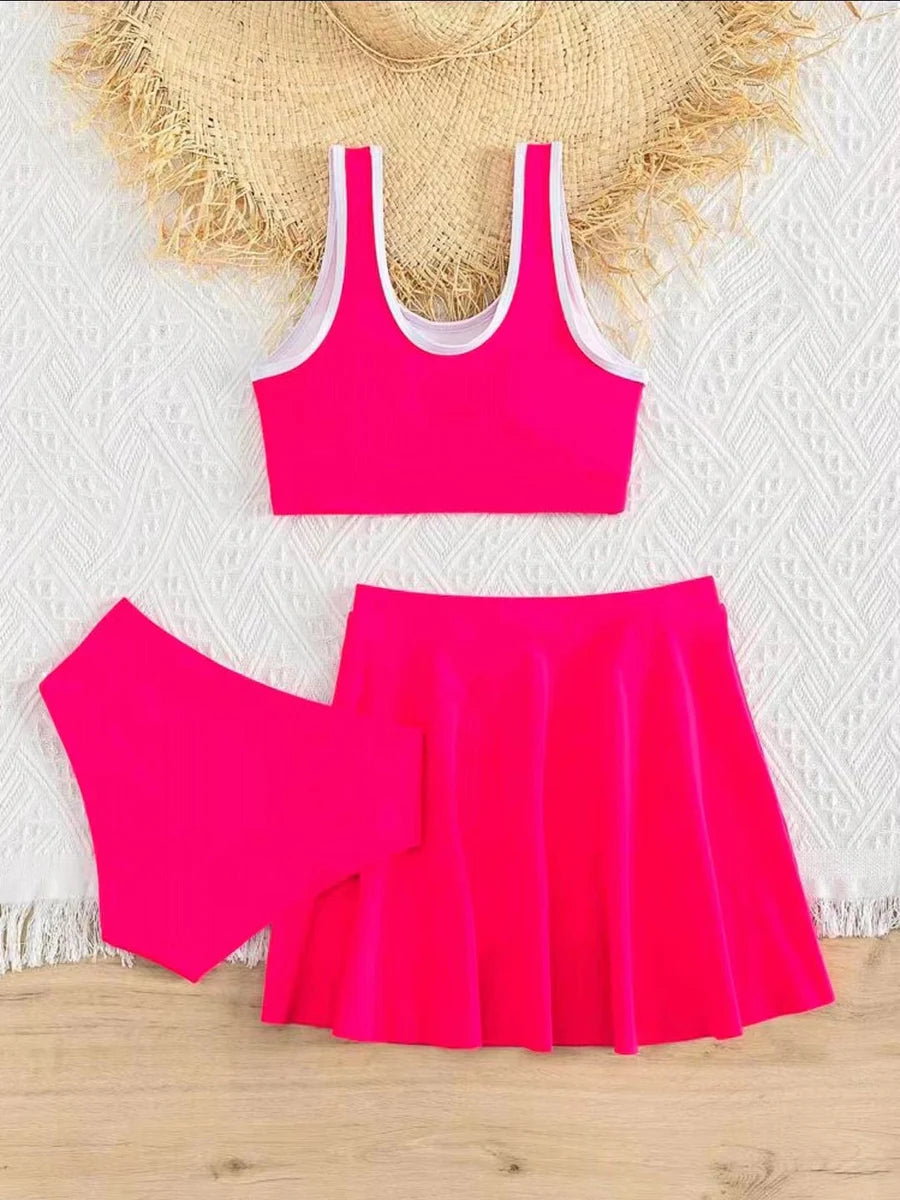 3 Pieces Bikinis With Skirt 2025 Girls Swimsuit Red Kids Swimwear Female Children's Bathers Bathing Swimming Swim Suit Beachwear