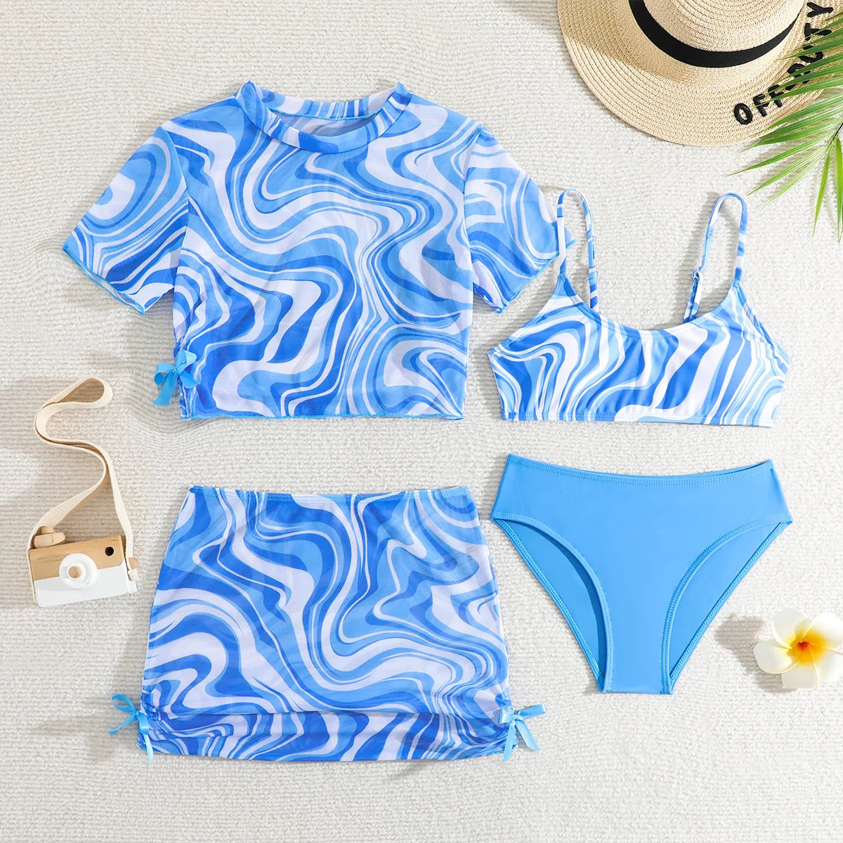 4 Pieces Bikinis Set Top & Skirt 2025 Girls Swimsuit Kids Swimwear Female Children Bathers Bathing Swimming Swim Suit Beachwear