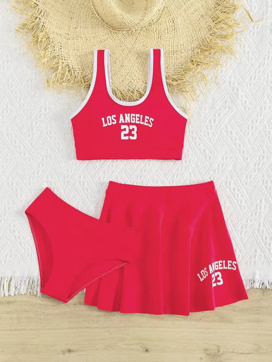 3 Pieces Bikinis With Skirt 2025 Girls Swimsuit Red Kids Swimwear Female Children's Bathers Bathing Swimming Swim Suit Beachwear