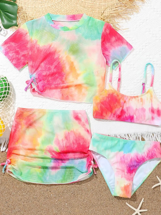 4 Pieces Bikinis Set Top & Skirt 2025 Girls Swimsuit Kids Swimwear Female Children Bathers Bathing Swimming Swim Suit Beachwear