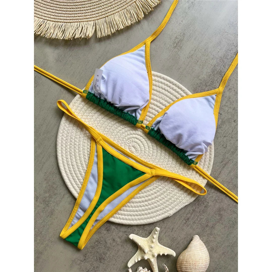 G-string Thong Brazilian Bikini Women Swimwear Female Swimsuit Two-pieces Bikini set Bather Brasil Flag Bathing Suit V6092