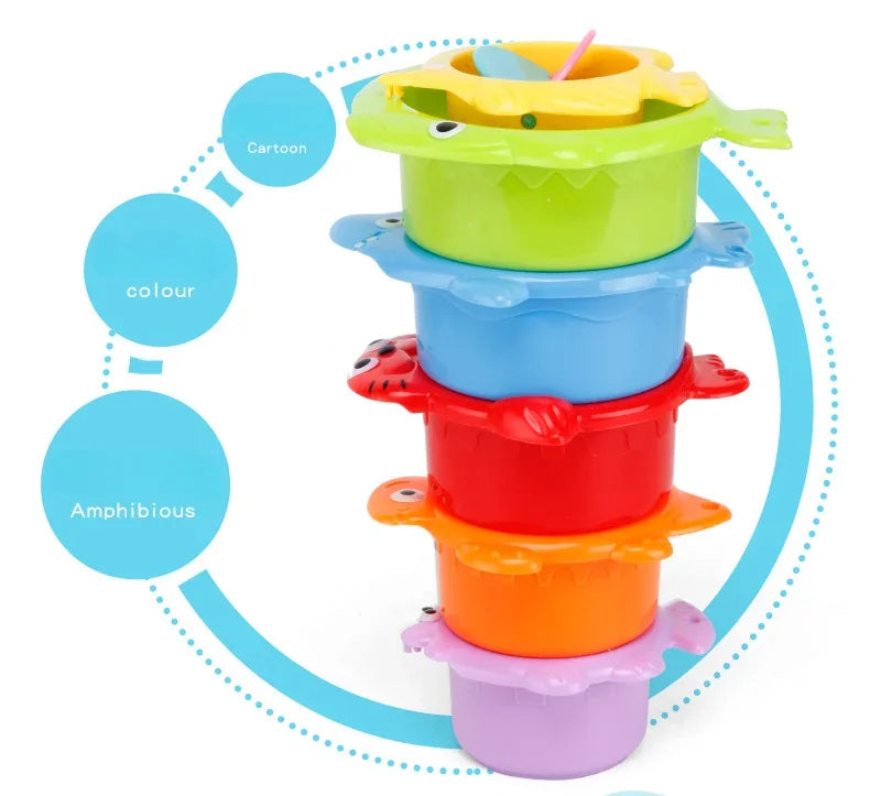 6Pcs Baby Bath Toy Stacking Cup Toddler Toys Ocean Stacking Tower Bathtub Water Play Beach Toys Educational Toy Children Gifts