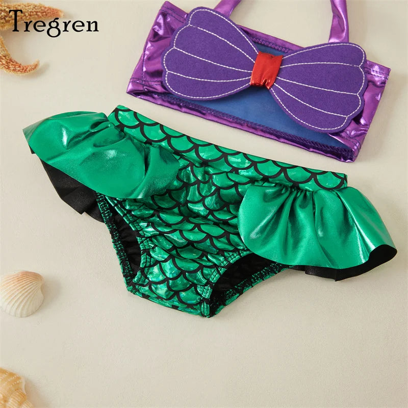 Tregren Toddler Kids Girl Mermaid Bikinis Set Summer Beachwear Halter Top Swimwear Swimming Pool Bathing Suit with Headband