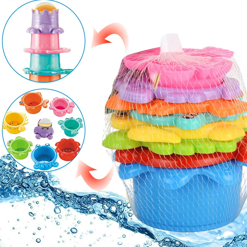 Stacking Cup Bath Toys for Kids Colorful Folding Boat Shape Tower Early Educational Baby Toys Swimming Pool Beach Toys Gifts