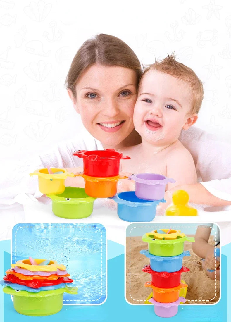 6Pcs Baby Bath Toy Stacking Cup Toddler Toys Ocean Stacking Tower Bathtub Water Play Beach Toys Educational Toy Children Gifts
