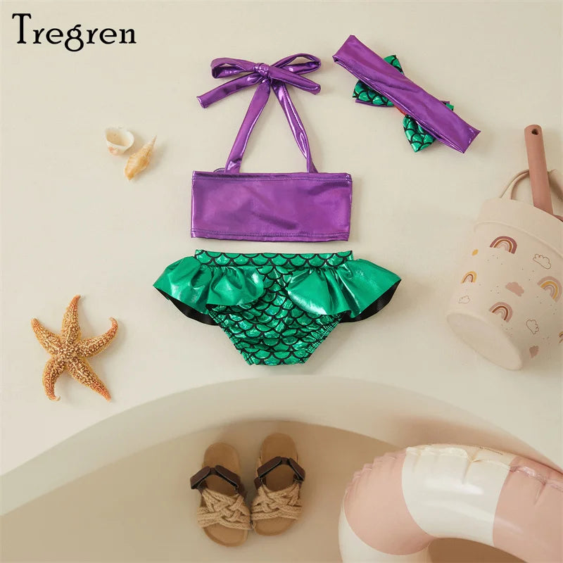 Tregren Toddler Kids Girl Mermaid Bikinis Set Summer Beachwear Halter Top Swimwear Swimming Pool Bathing Suit with Headband