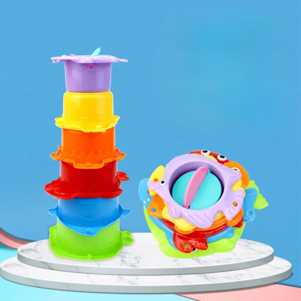 6Pcs Baby Bath Toy Stacking Cup Toddler Toys Ocean Stacking Tower Bathtub Water Play Beach Toys Educational Toy Children Gifts