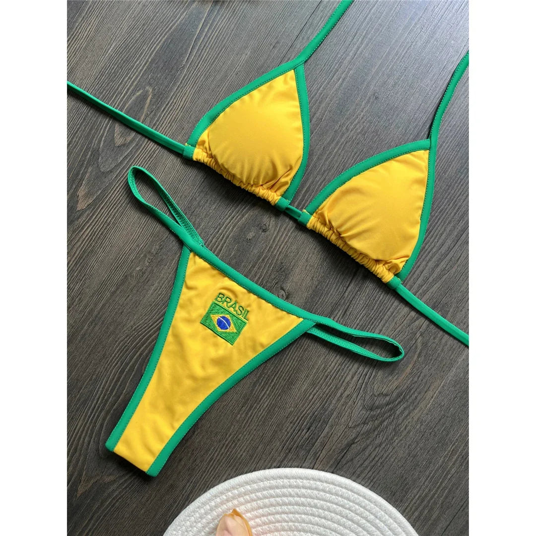 G-string Thong Brazilian Bikini Women Swimwear Female Swimsuit Two-pieces Bikini set Bather Brasil Flag Bathing Suit V6092